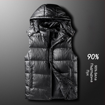 Мъжка пухена жилетка с качулка, японски ретро стил кардиган, тясна кройка, цип