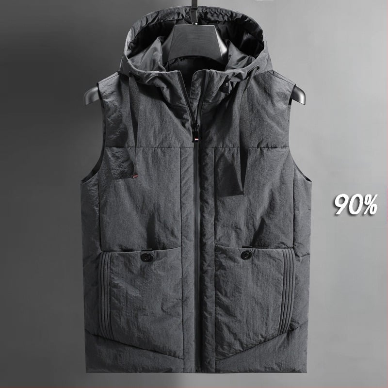 Мъжка пухена жилетка с качулка, японски ретро стил кардиган, тясна кройка, цип