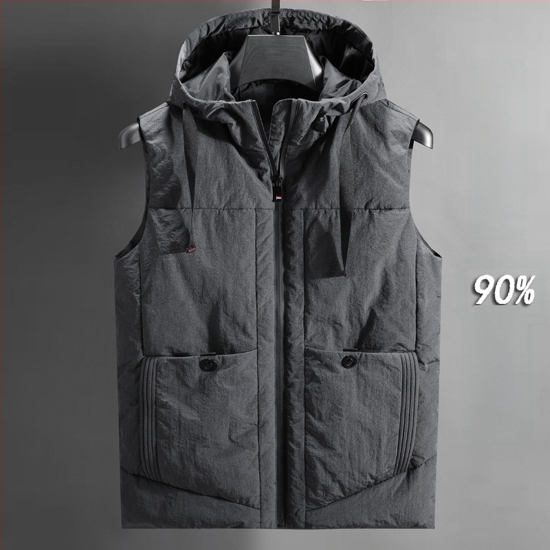 Мъжка пухена жилетка с качулка, японски ретро стил кардиган, тясна кройка, цип