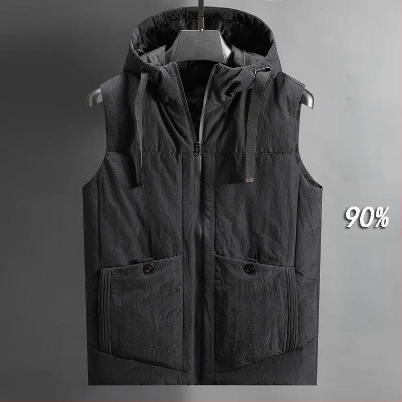 Мъжка пухена жилетка с качулка, японски ретро стил кардиган, тясна кройка, цип