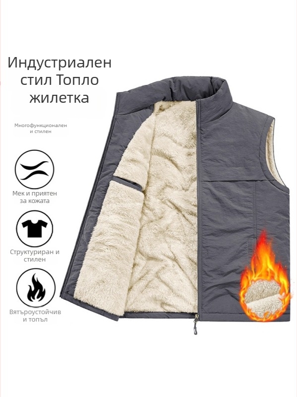 Мъжки подплатен памучен елек, флисово подплатяване, пълнеж от полиестер, найлонова материя, джобове с цип, Пролет 2025
