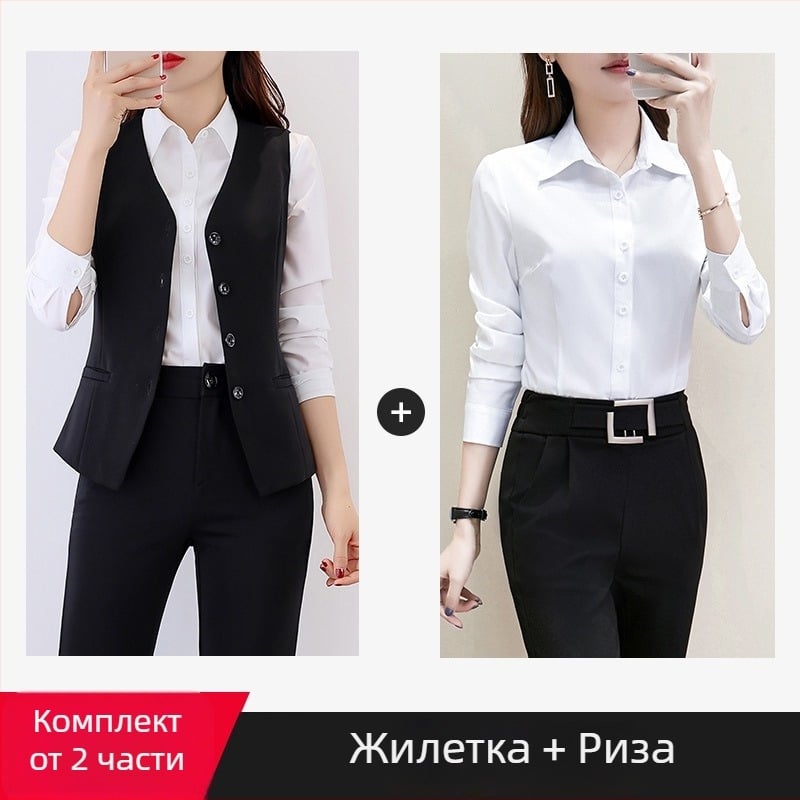 Слим-фит жилетка с V-образно деколте за офис, полиестер, корейски стил, едностранно закопчаване