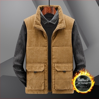 Мъжка жилетка от corduroy с подплата от флис, Stand collar, цип, зима, ежедневен/работен стил, множество джобове