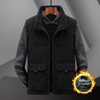 Мъжка жилетка от corduroy с подплата от флис, Stand collar, цип, зима, ежедневен/работен стил, множество джобове