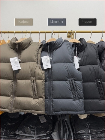 Пухена мъжка жилетка със стояща яка, цип, свободен крой, зима, пух от патица 86-90%, полиестерен външен плат