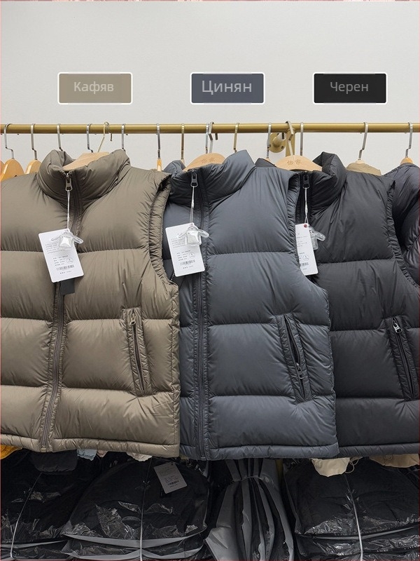 Пухена мъжка жилетка със стояща яка, цип, свободен крой, зима, пух от патица 86-90%, полиестерен външен плат