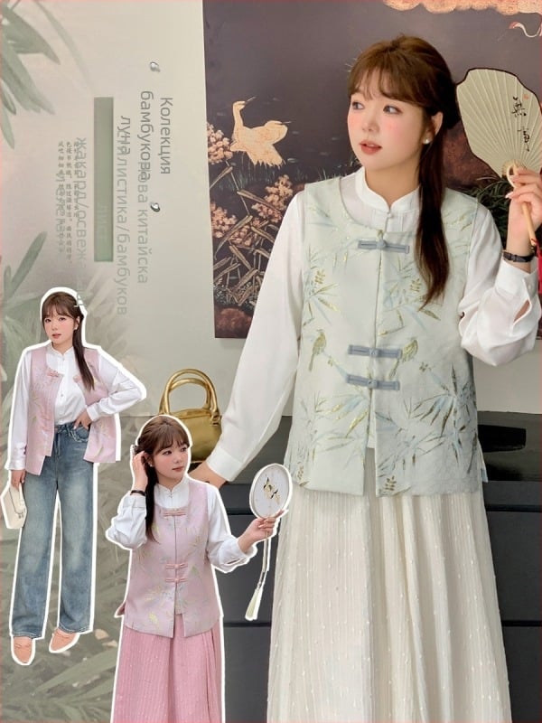 Женска жилетка-риза с жакардова брокатова шарка и флорален мотив, U-образно деколте, 70-80% полиестер, кардиган стил