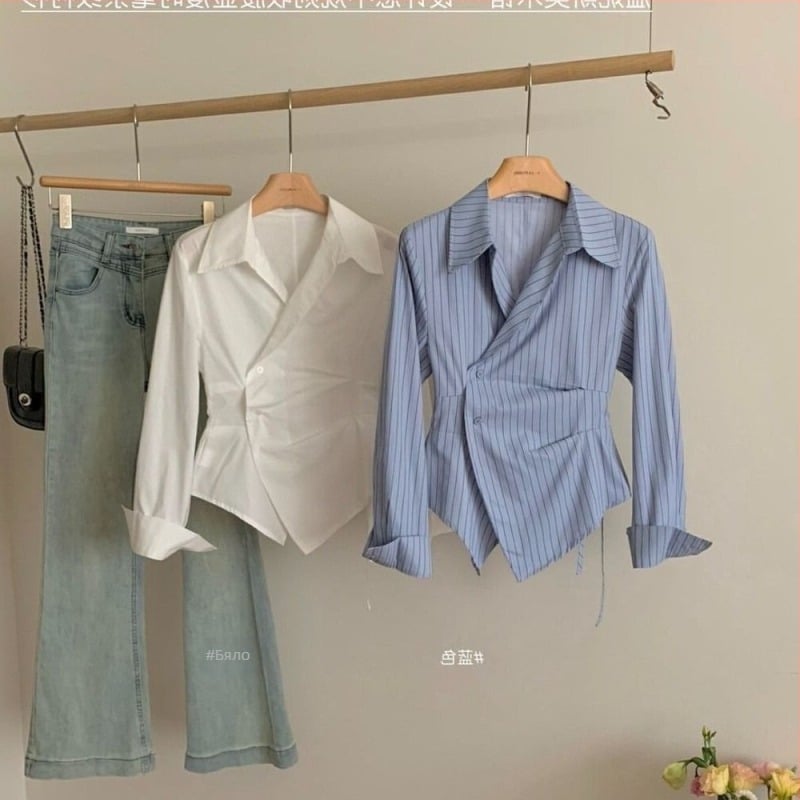 Полиестерна риза с тесен силует, поло яка и ръкави принцеси