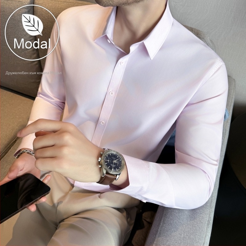 Риза Slim-fit, полиестер-модал смес, лацкан яка, дълги ръкави, есен 2025