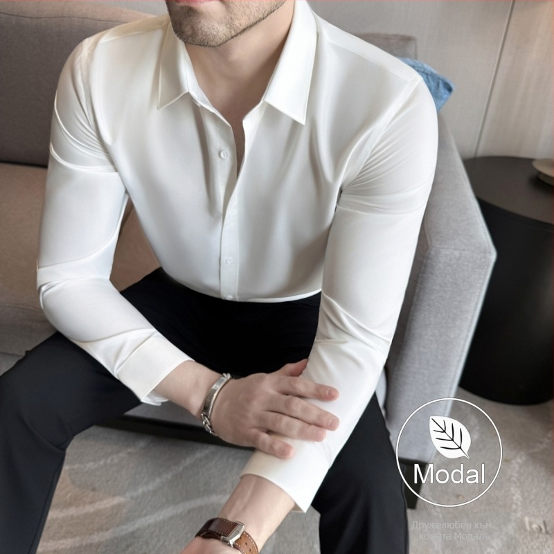 Риза Slim-fit, полиестер-модал смес, лацкан яка, дълги ръкави, есен 2025