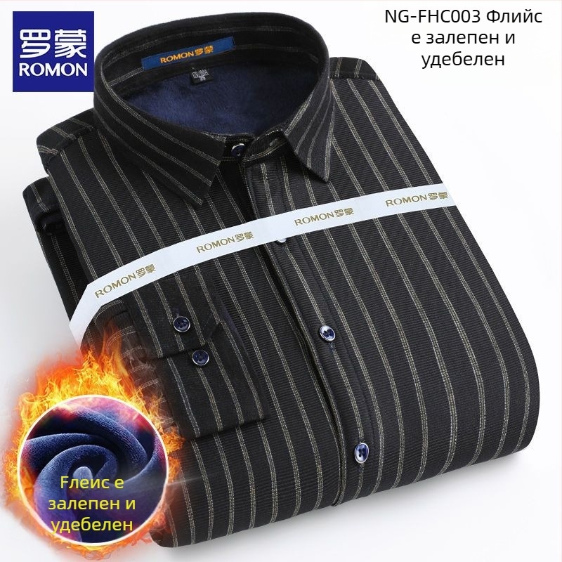Romon мъжка зимно-топла риза с дълъг ръкав, каре модел, свободен силует, с бродирани детайли