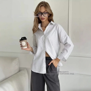 Риза от памук, раирана, поло яка, дълги ръкави, свободна кройка