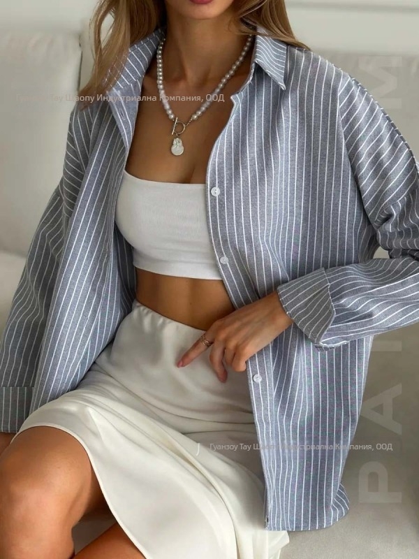 Риза от памук, раирана, поло яка, дълги ръкави, свободна кройка