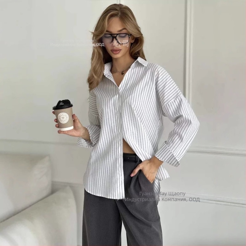 Риза от памук, раирана, поло яка, дълги ръкави, свободна кройка