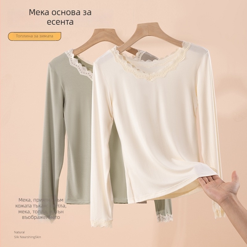 Женски термален базов топ с дантелен кант, ултра тънка вискоза с подплата от модал, кръгло деколте, прилепнал модел