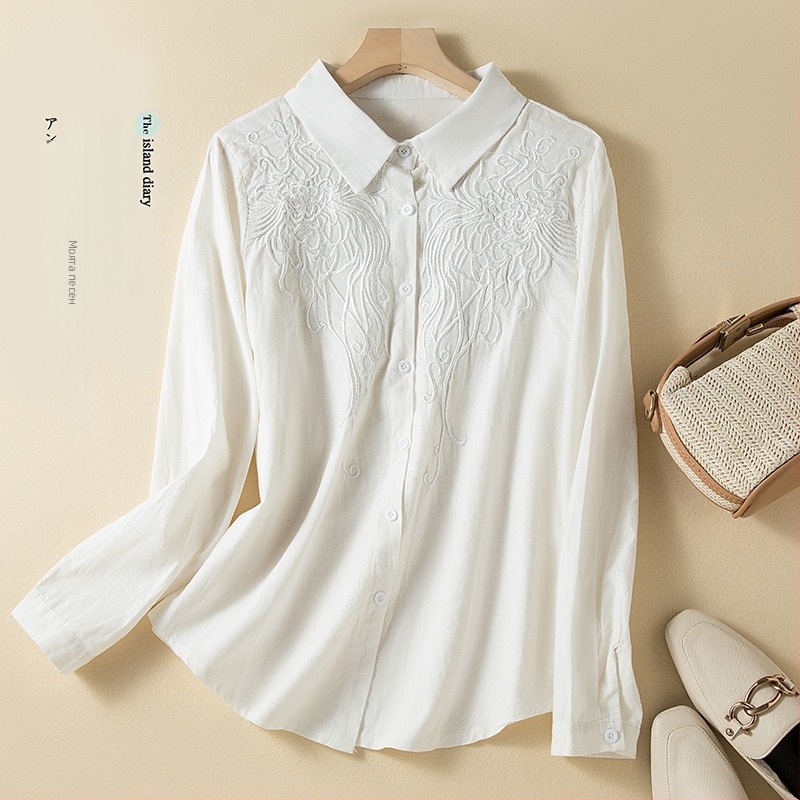 Бродирана риза с дълги ръкави, триизмерно рязане, риза с яка, пролет 2024, свободна кройка