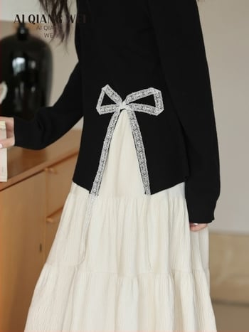 Дамска плетена блуза с мъниста и дантелено парче, качулка, талия до кръста