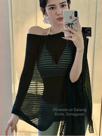Полупрозрачна плетена блуза за жени, Slim-fit; вискозно-полиестрова смес; UPF 30+; къса дължина 40–50 cm; градски стил