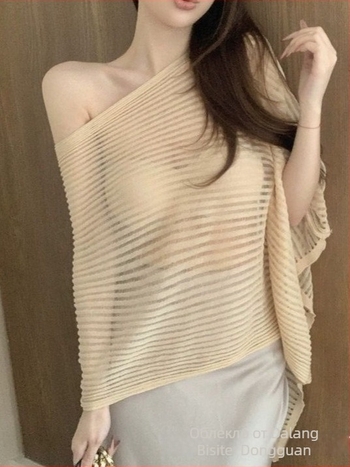 Полупрозрачна плетена блуза за жени, Slim-fit; вискозно-полиестрова смес; UPF 30+; къса дължина 40–50 cm; градски стил