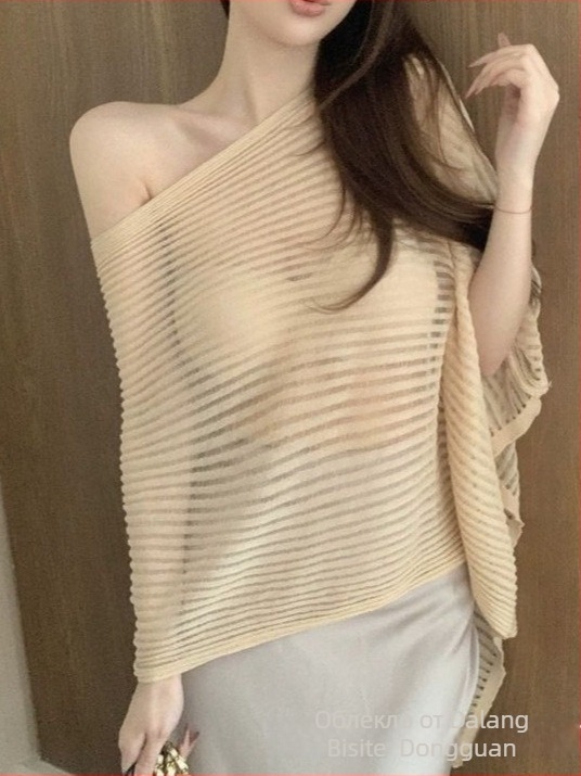 Полупрозрачна плетена блуза за жени, Slim-fit; вискозно-полиестрова смес; UPF 30+; къса дължина 40–50 cm; градски стил
