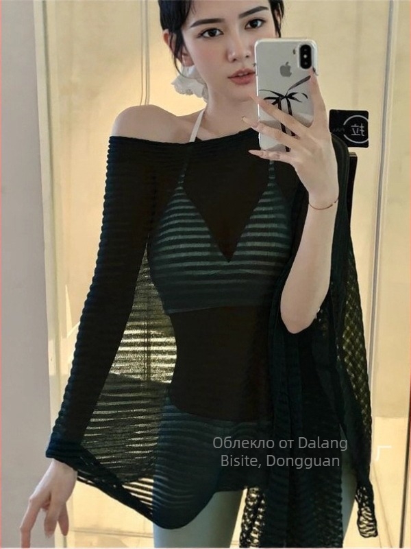 Полупрозрачна плетена блуза за жени, Slim-fit; вискозно-полиестрова смес; UPF 30+; къса дължина 40–50 cm; градски стил