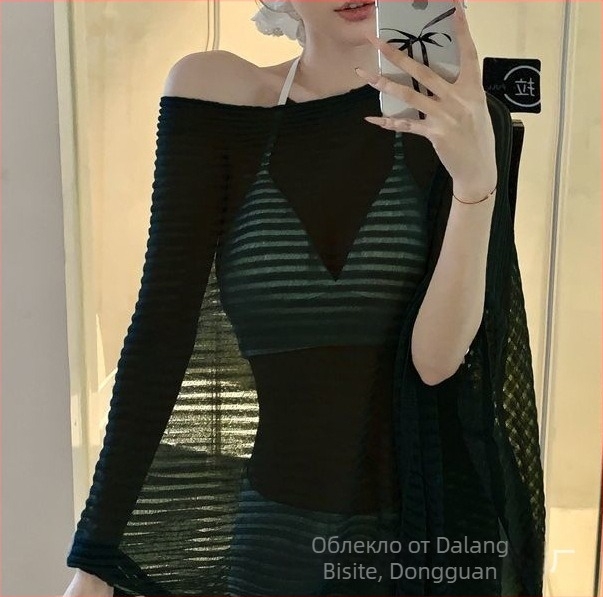 Полупрозрачна плетена блуза за жени, Slim-fit; вискозно-полиестрова смес; UPF 30+; къса дължина 40–50 cm; градски стил