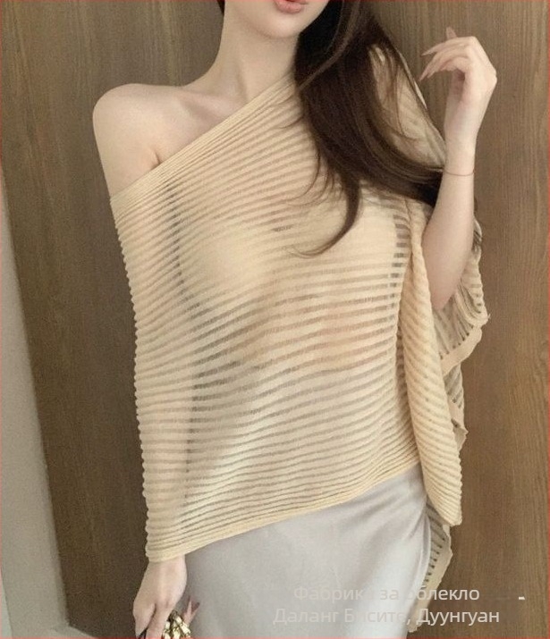 Полупрозрачна плетена блуза за жени, Slim-fit; вискозно-полиестрова смес; UPF 30+; къса дължина 40–50 cm; градски стил