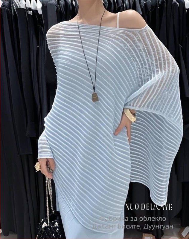 Полупрозрачна плетена блуза за жени, Slim-fit; вискозно-полиестрова смес; UPF 30+; къса дължина 40–50 cm; градски стил