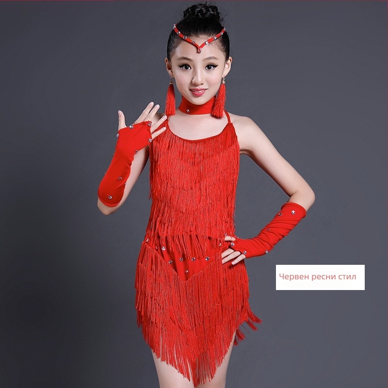 Детска латинска танцова рокля Moel&Cujo – полиестер + еластан, сценично облекло за момичета до 17 г