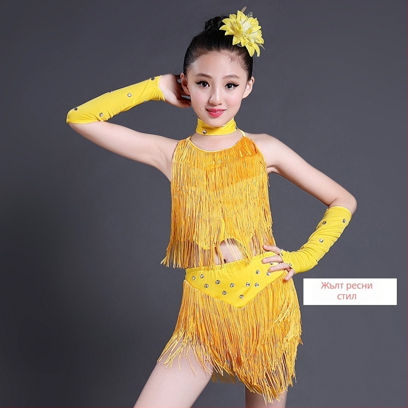 Детска латинска танцова рокля Moel&Cujo – полиестер + еластан, сценично облекло за момичета до 17 г