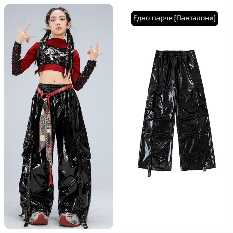 Детски сценичен костюм за момичета за изпълнение, дълъг ръкав crop топ подиум стил (полиестров плат; съдържание 50% полиестер; подходящ за деца над 8 години; зима 2025; с етикет на яка)