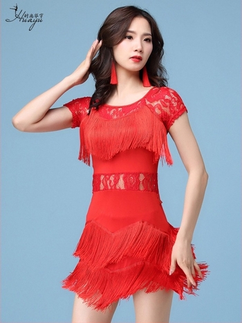 Дамска рокля за латински танци с дантела и ресни за сценични изпълнения и състезания, материя: спандекс 50–70%, лято 2025