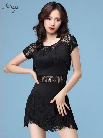 Дамска рокля за латински танци с дантела и ресни за сценични изпълнения и състезания, материя: спандекс 50–70%, лято 2025
