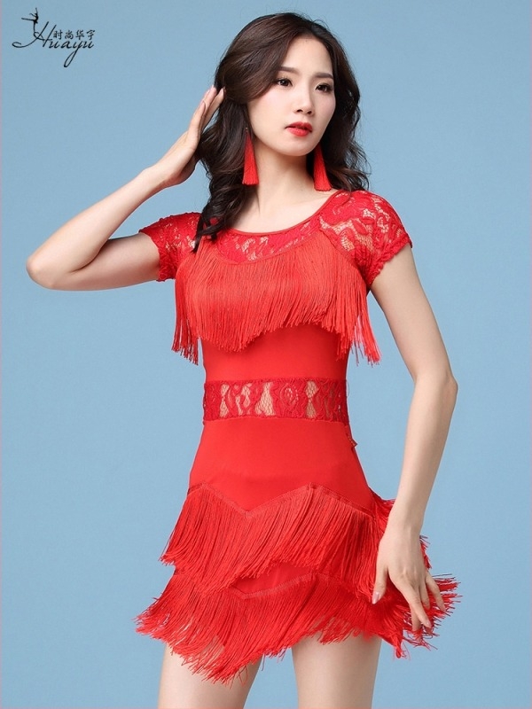 Дамска рокля за латински танци с дантела и ресни за сценични изпълнения и състезания, материя: спандекс 50–70%, лято 2025