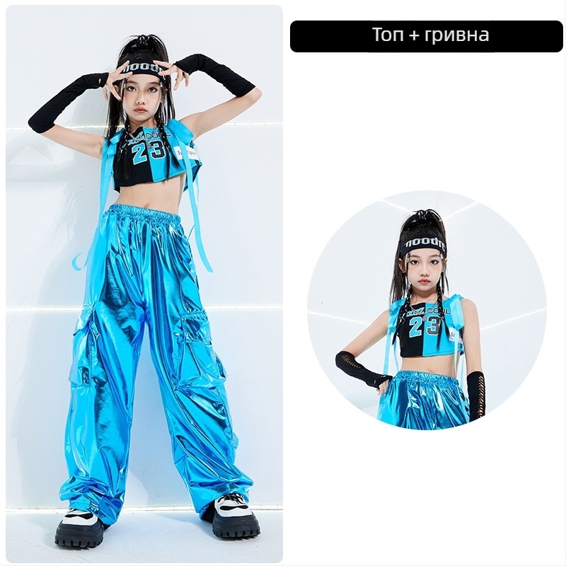 Костюм за джаз танц за момичета за детско улично/хип-хоп изпълнение, Лято 2024, 100% полиестер, Детски сценични/танцови облекла, Безопасност Клас B, подходящ за деца над 8 години