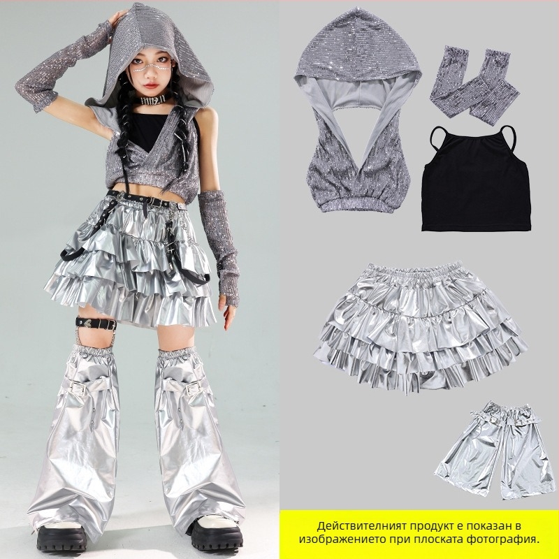 Детски костюм за сценични изпълнения с пайети – джаз-хип-хоп за момичета, лято 2024, за деца над 8 години