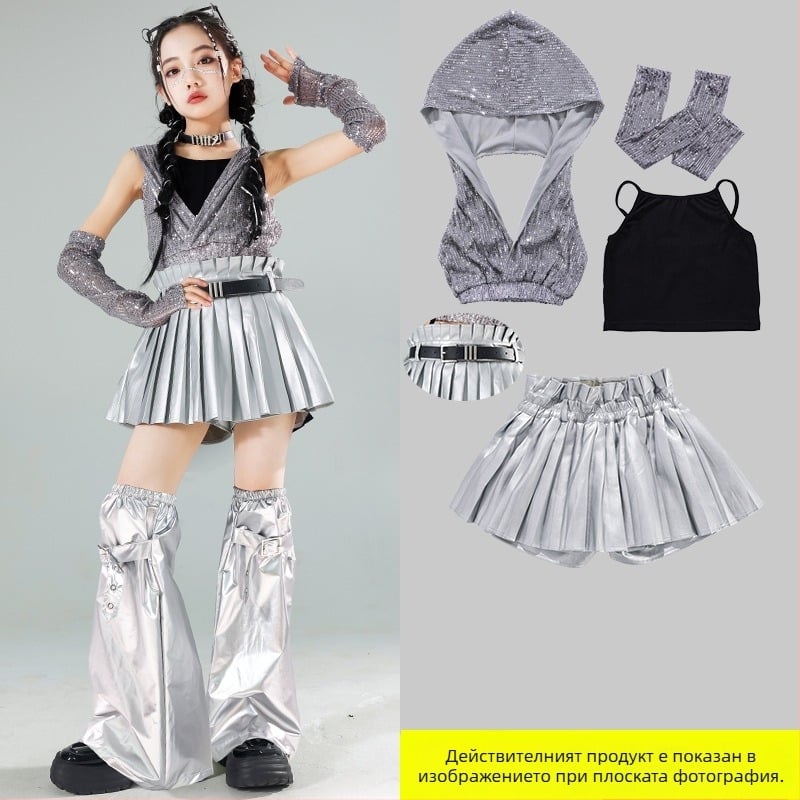 Детски костюм за сценични изпълнения с пайети – джаз-хип-хоп за момичета, лято 2024, за деца над 8 години