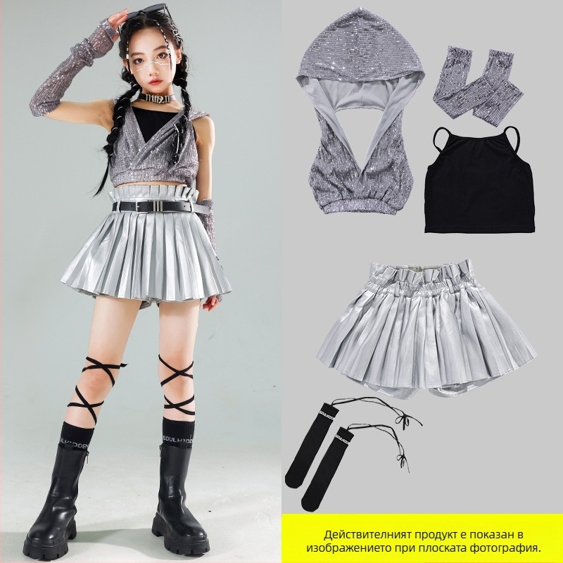 Детски костюм за сценични изпълнения с пайети – джаз-хип-хоп за момичета, лято 2024, за деца над 8 години