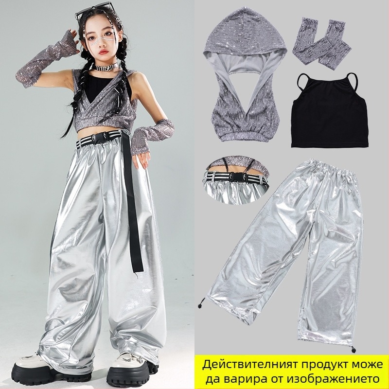 Детски костюм за сценични изпълнения с пайети – джаз-хип-хоп за момичета, лято 2024, за деца над 8 години