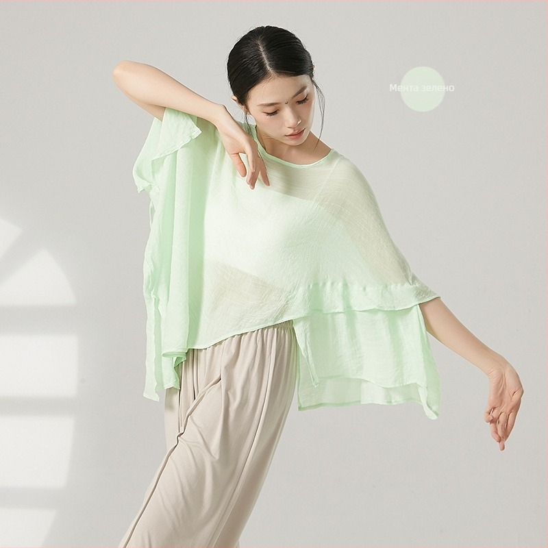 Дамски топ за танци в китайски стил от газова тъкан със слънцезащитно покритие, вискозна тъкан с памучна подплата, подходящ за всички сезони, за сцена и улични модерни танци