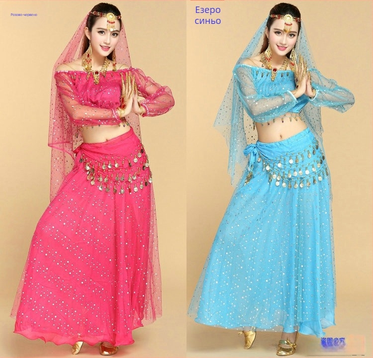 Национално танцово облекло за възрастни жени, шифон плат, акрилна материя, подходящо за фолклорен танц, индийски танц и танц на корема