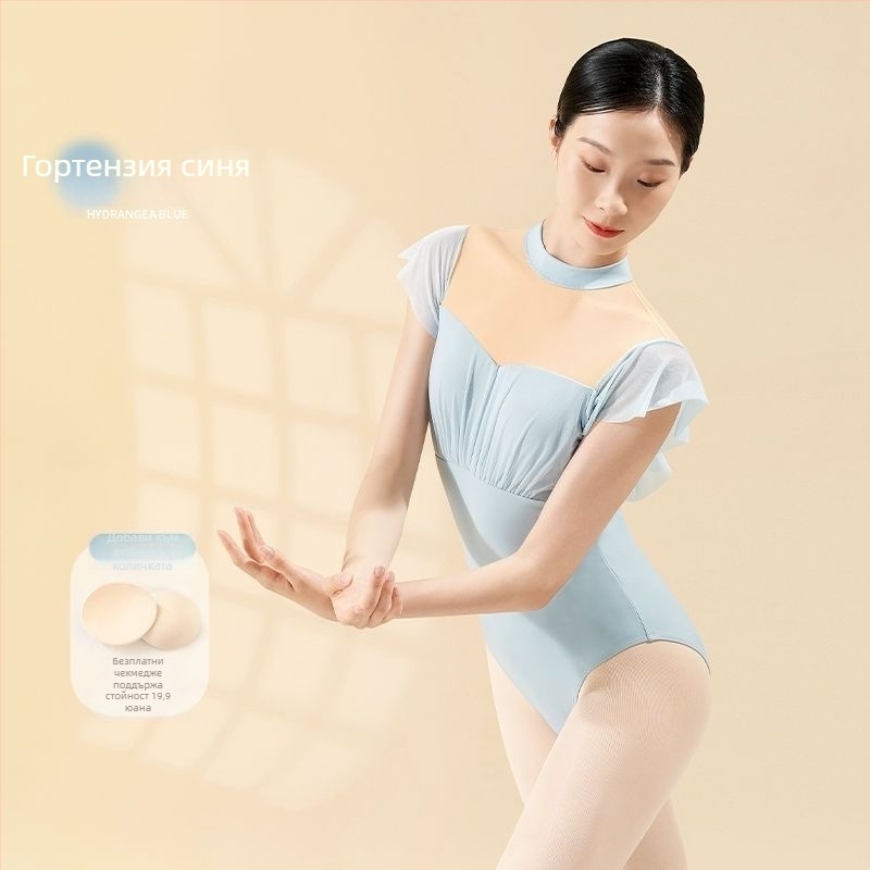 Дамски танцови облекла за гимнастика, балетен бод с къс ръкав, без гръб и стойкова яка за пролет 2025; TR тъкан; PVC съдържание до 30%; китайски стил, литературно ретро