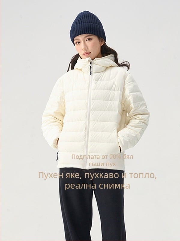 Дамско пухено яке с качулка от бял гъши пух, есенно-зимно, луксозно с ребрени шевове