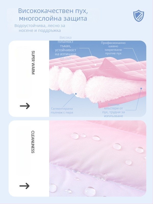 Детска пухена жилетка за момичета, без ръкави, 81–85% бял патеши пух, външен плат полиестер 100%, подплата полиестер, средна дължина, закопчаване с цип