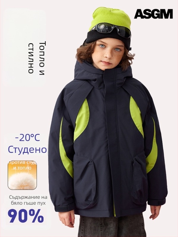 Asgm детско пухено яке с качулка, дебело за екстремен студ, 86–90% бял патицов пух, пълнеж 107–170 g, средна дължина, свободен силует, зима 2025