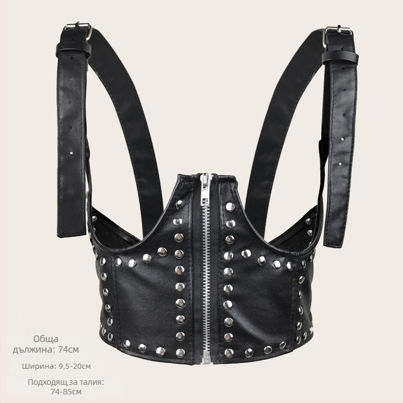 Риза рокля с цип и заклепки, еластична талия, без яка, декоративен колан жилетка – панк корейски уличен стил