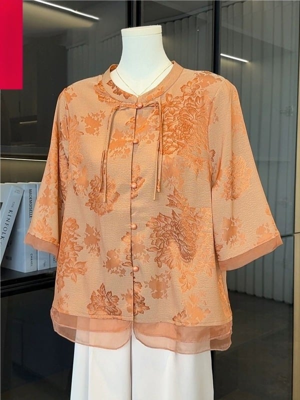 Женска риза с китайски стил, среден ръкав, шифон, полиестрова тъкан, без гладене, ежедневен стил, летен модел 2025