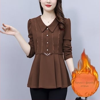 Женска риза от памучно-полиестерна смес, дълги ръкави, V-образна яка, пуловер стил, дължина 50–65 см