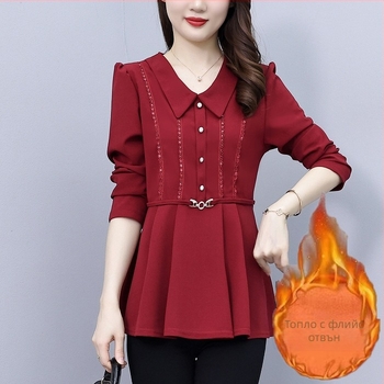 Женска риза от памучно-полиестерна смес, дълги ръкави, V-образна яка, пуловер стил, дължина 50–65 см