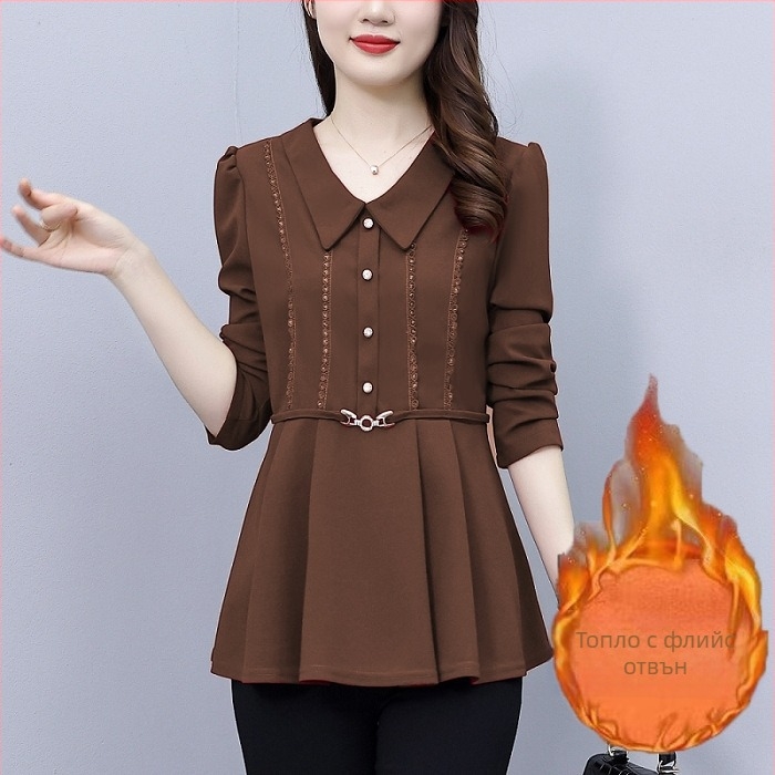 Женска риза от памучно-полиестерна смес, дълги ръкави, V-образна яка, пуловер стил, дължина 50–65 см